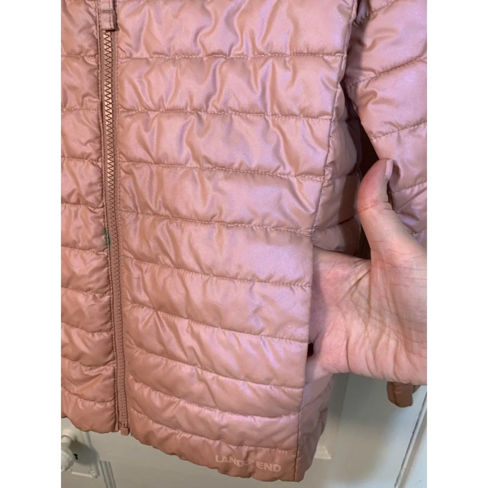 Lands‎ End Kids Girl Puffer Jacket Pastel Pink Zip Hooded Lightweight L/10-12